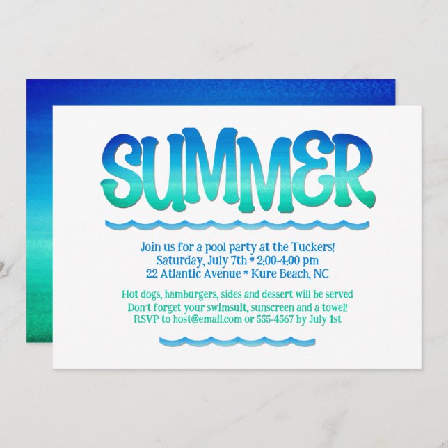 Watercolor Ocean Blue & Green Waves Summer Party Invitation (Front/Back)
