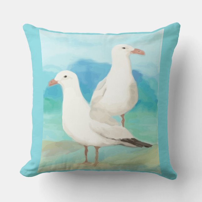 Watercolor Ocean Blue Seagulls Bird Nature Art Cushion (Front)