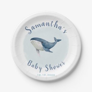 Watercolor Ocean Blue Whale Cute Boy's Baby Shower Paper Plate