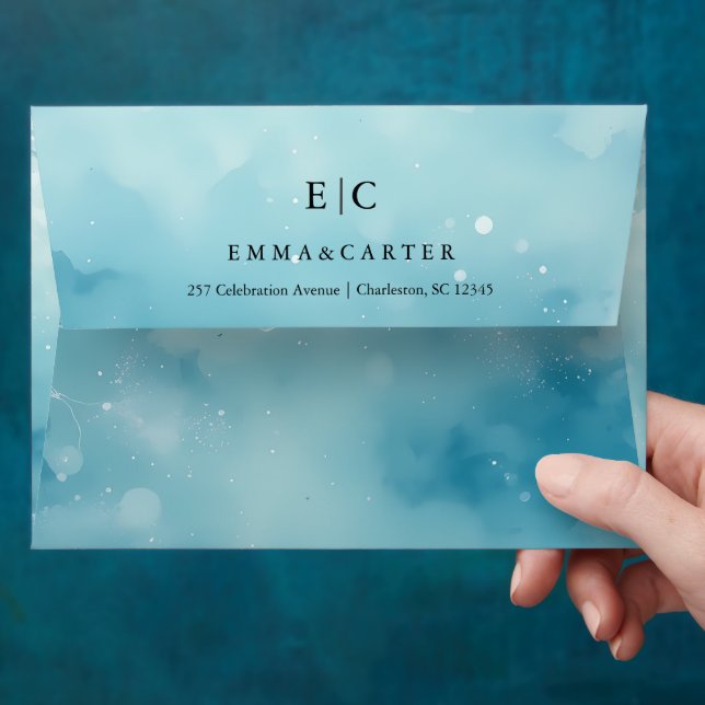 Watercolor Ocean Blue with Elegant Script Wedding Envelope (Hand)