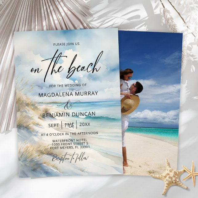 Watercolor Ocean Coastal Beach Photo Wedding Invitation (Creator Uploaded)