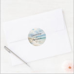 Watercolor Ocean Coastal On the Beach Wedding Classic Round Sticker<br><div class="desc">Set the tone for your special day with this elegant watercolor-painted seascape design. Featuring a white sand beach and ocean in nautical muted beige,  blue,  and turquoise colours.</div>