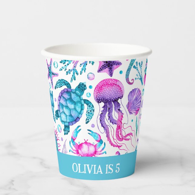 Watercolor Ocean Creatures Under the Sea Birthday Paper Cups (Front)