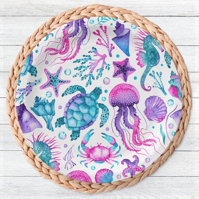 Watercolor Ocean Creatures Under the Sea Birthday Paper Plate (Watercolor Ocean Creatures Under the Sea Birthday Paper Plates)