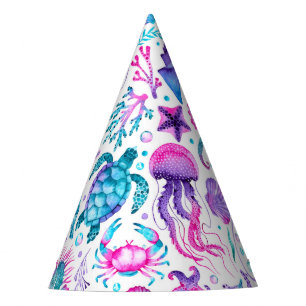 Watercolor Ocean Creatures Under the Sea Birthday Party Hat