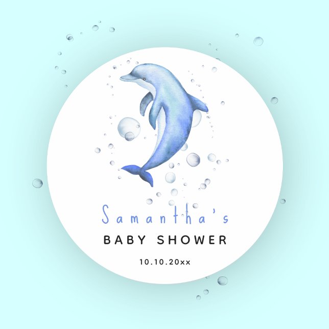 Watercolor ocean dolphin baby shower classic round sticker (Creator Uploaded)