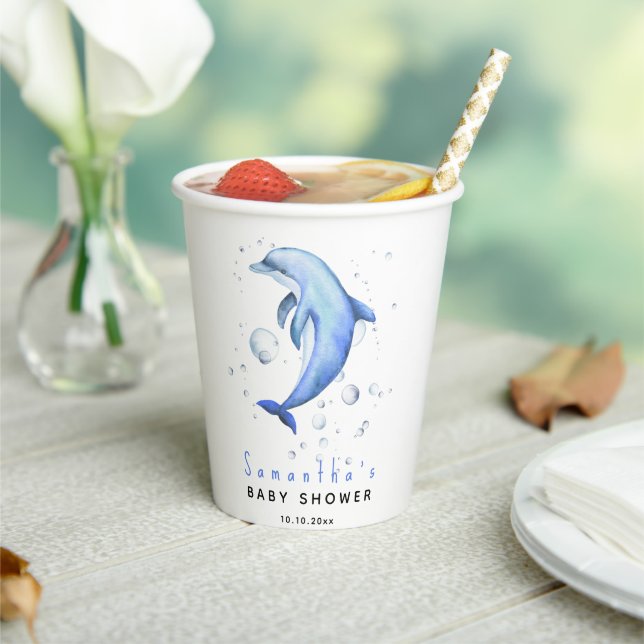 Watercolor ocean dolphin baby shower paper cups (Insitu)