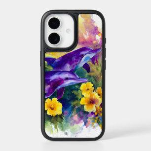 Watercolor Ocean Dolphins Tropical Flowers