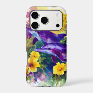 Watercolor Ocean Dolphins Tropical Flowers