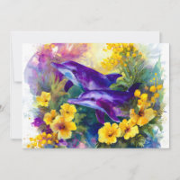 Watercolor Ocean Dolphins Tropical Flowers