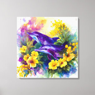 Watercolor Ocean Dolphins Tropical Flowers Canvas Print