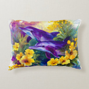 Watercolor Ocean Dolphins Tropical Flowers Decorative Cushion