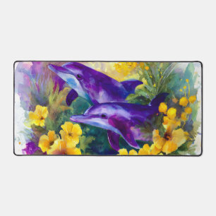 Watercolor Ocean Dolphins Tropical Flowers Desk Mat