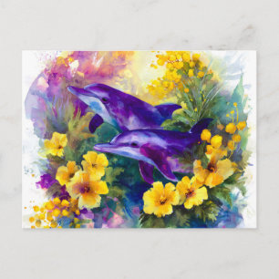 Watercolor Ocean Dolphins Tropical Flowers Holiday Postcard