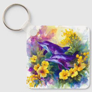 Watercolor Ocean Dolphins Tropical Flowers Key Ring
