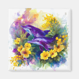 Watercolor Ocean Dolphins Tropical Flowers Magnet