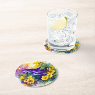 Watercolor Ocean Dolphins Tropical Flowers Round Paper Coaster