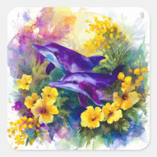 Watercolor Ocean Dolphins Tropical Flowers Square Sticker