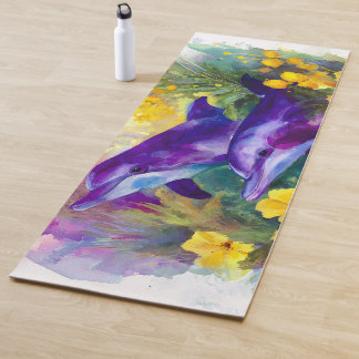 Watercolor Ocean Dolphins Tropical Flowers Yoga Mat