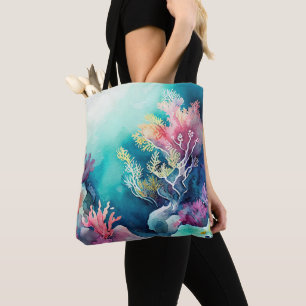 WATERCOLOR OCEAN FLOOR WITH CORAL REEF PLANTS TOTE BAG