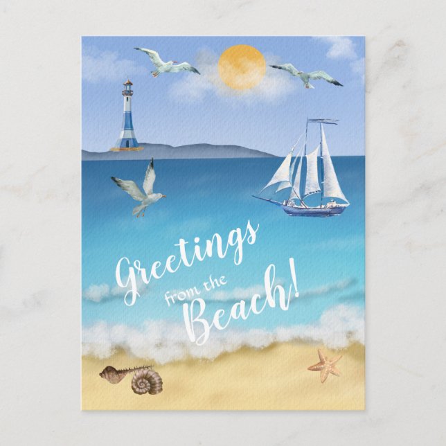 Watercolor Ocean Front Scene Lighthouse Seagulls Postcard (Front)