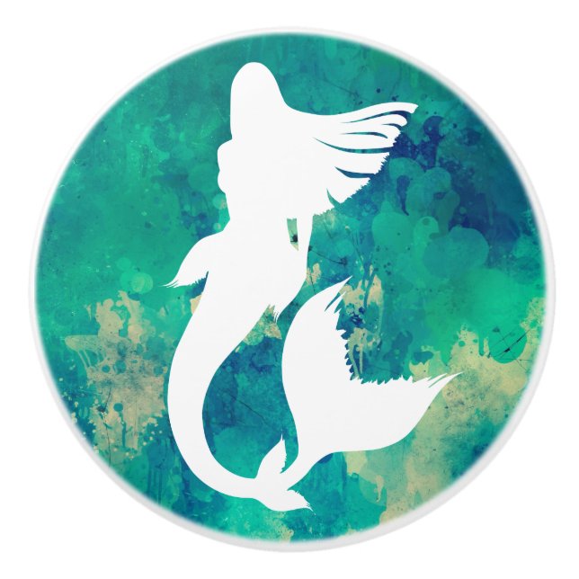 Watercolor Ocean Hues Mermaid Silhouette Ceramic Knob (Front)