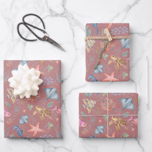 Watercolor Ocean Life Dusty Dark Strawberry Wrapping Paper Sheet