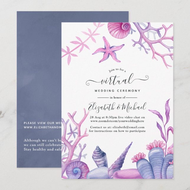 Watercolor Ocean Life Online Virtual Wedding Invitation (Front/Back)
