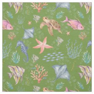 Watercolor Ocean Life Textured Avocado Fabric
