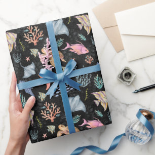 Watercolor Ocean Life Textured Black Wrapping Paper