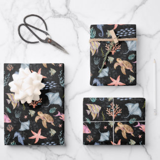 Watercolor Ocean Life Textured Black Wrapping Paper Sheet