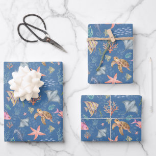 Watercolor Ocean Life Textured Blue Wrapping Paper Sheet
