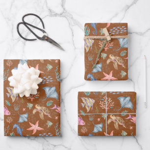 Watercolor Ocean Life Textured Brown Wrapping Paper Sheet