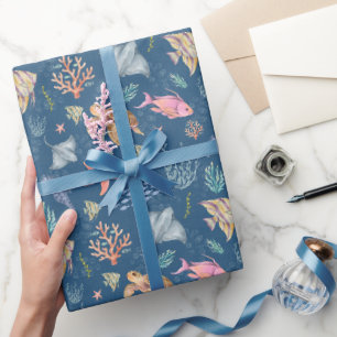 Watercolor Ocean Life Textured Dark Azure Wrapping Paper