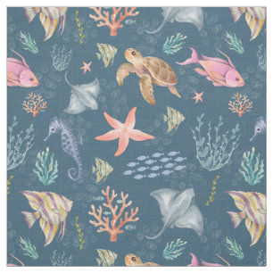 Watercolor Ocean Life Textured Dark Blue Fabric