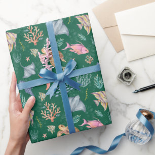 Watercolor Ocean Life Textured Dark Green Wrapping Paper