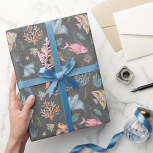 Watercolor Ocean Life Textured Dark Grey Wrapping Paper