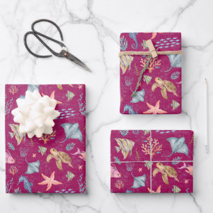 Watercolor Ocean Life Textured Dark Pink Wrapping Paper Sheet