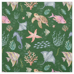 Watercolor Ocean Life Textured Forest Green Fabric