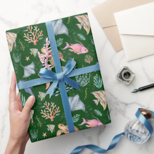 Watercolor Ocean Life Textured Forest Green Wrapping Paper