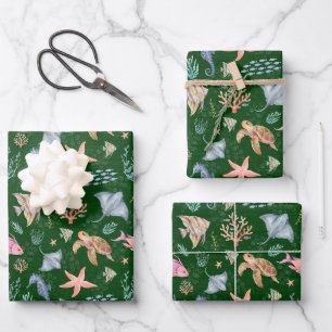 Watercolor Ocean Life Textured Forest Green Wrapping Paper Sheet