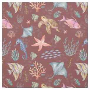 Watercolor Ocean Life Textured Grey Sangria Fabric