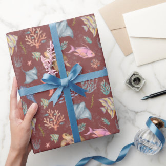 Watercolor Ocean Life Textured Grey Sangria Wrapping Paper