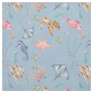 Watercolor Ocean Life Textured Light Blue Fabric