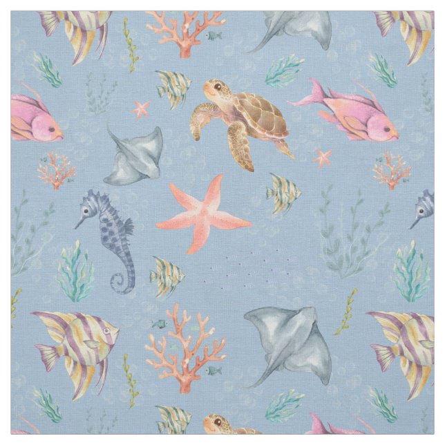 Watercolor Ocean Life Textured Light Blue Fabric (Swatch)