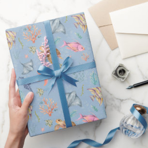 Watercolor Ocean Life Textured Light Blue Wrapping Paper