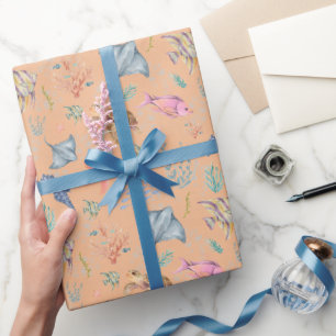 Watercolor Ocean Life Textured Light Orange Wrapping Paper