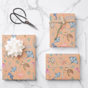 Watercolor Ocean Life Textured Light Orange Wrapping Paper Sheet