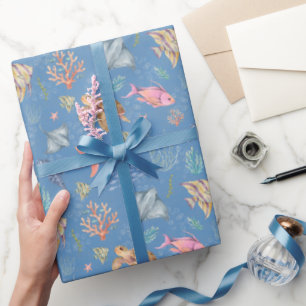 Watercolor Ocean Life Textured Medium Blue Wrapping Paper