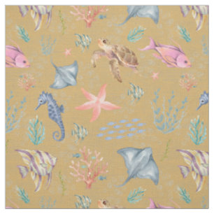 Watercolor Ocean Life Textured Mustard Fabric